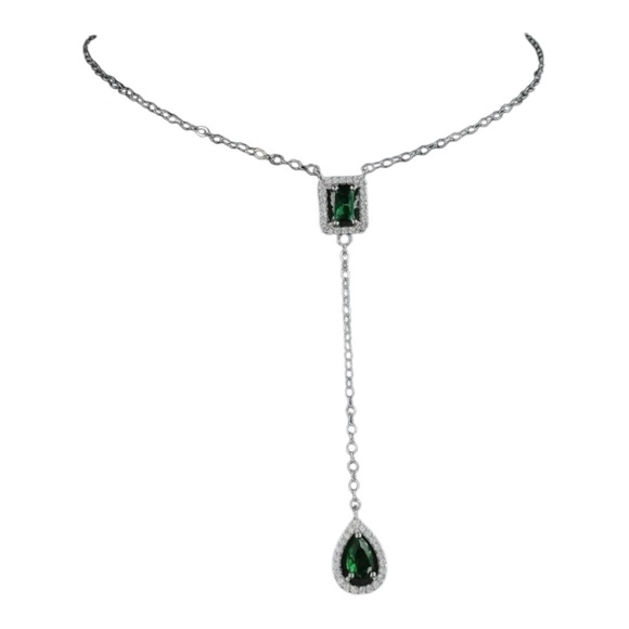 Faux Emerald Pearl and Princess Cut Rhinestone Lariat Necklace - Picture 1 of 6
